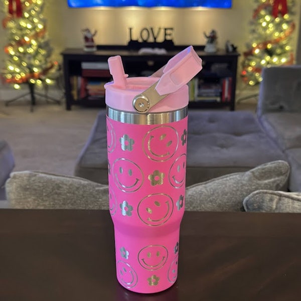 Flip Straw Tumbler dupe 30 OZ Hot Pink Camelia smiley face cute gift for her friend custom engrave laser engraved cute gym