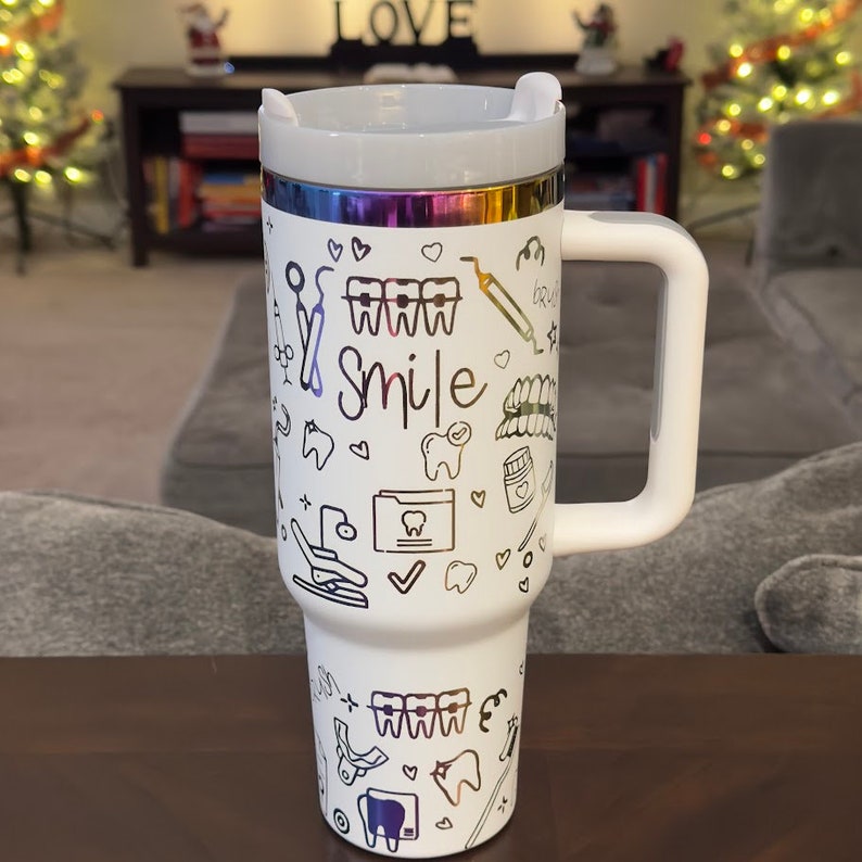Stanley Dupe Tumbler White Rainbow Color Dental Life 40 Oz Cute Dentist