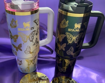 2 Wicked Laser Engraved Stanley cup bundle 30oz Glinda Elphaba butterflies 2 coasters 2 tumblers. Authentic Target Stanley 30 oz glitter