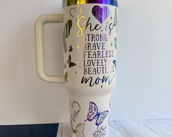 Mothers love tumbler cream white chroma cup 40 oz butterfly hearts laser engraved mothers Day gift non branded cup 40oz gift mom friend