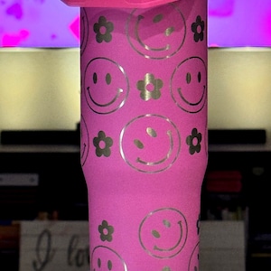 Laser Engraved Smiley Face Tumbler: Hot Pink Flip Straw Cup (30 oz)