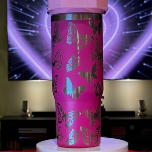 Laser Engraved Butterfly Tumbler: Hot Pink 30 oz Flip Straw
