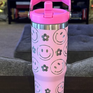 Laser Engraved Smiley Face Tumbler: Pink Flip Straw 30oz