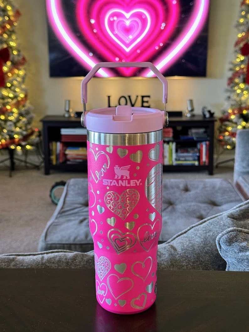 Valentine Stanley Camelia Hot Pink Flip Straw Tumbler Custom Laser