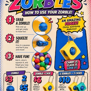 May include: An instructional graphic for Zorbles fidget toys, featuring text, numbered steps, and illustrations of small, spherical, multi-colored clicking toys. Includes images of a yellow square carrying case with a ball chain attachment.