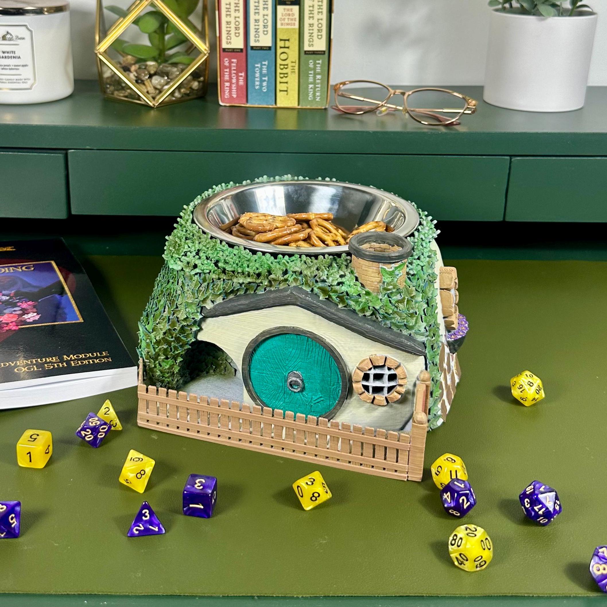 Hand-Painted Fantasy Burrow Dice Tower with Snack Bowl | Rustic Dice Roller and Snack Holder for DnD | Cozy Underground Home Game Accessory