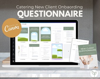 Op de afbeelding: Een computerscherm waarop een Canva-ontwerptemplate wordt weergegeven voor een catering-onboarding-vragenlijst voor nieuwe klanten. De template heeft een groen-wit kleurenschema met een wolk- en heuvelontwerp. De tekst "NEW CLIENT QUESTIONNAIRE" wordt op het scherm weergegeven. Een geprinte versie van de vragenlijst wordt op een tafel naast de computer getoond.