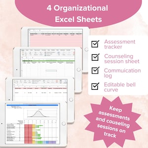 May include: Four Excel spreadsheets displayed on tablet screens, each with a checkmark next to a title: Assessment tracker, Counseling session sheet, Communication log, Editable bell curve. The text "Keep assessments and counseling sessions on track" is below the checkmarks.