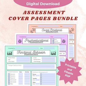 May include: Printable assessment cover pages bundle for social emotional, psychoeducational, and functional behavior assessments. The pages are in pastel colors with cute icons and are designed to be filled out digitally.