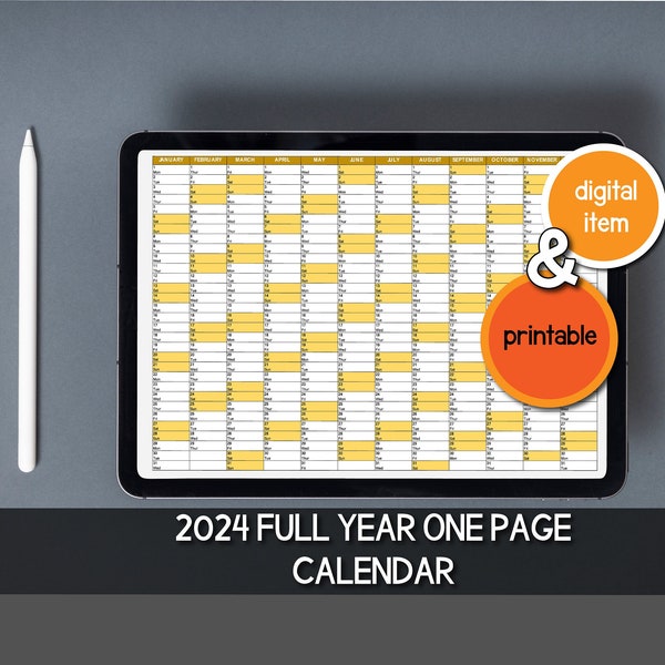 One Page Full Year Calendar Etsy
