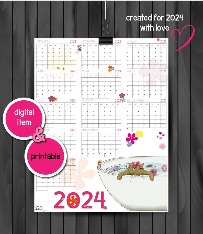 2024 Digital Printable Yearly 2024 Calendar,illustrated Cute Cat