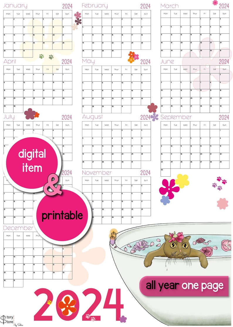 2024 Digital Printable Yearly 2024 Calendar,illustrated Cute Cat