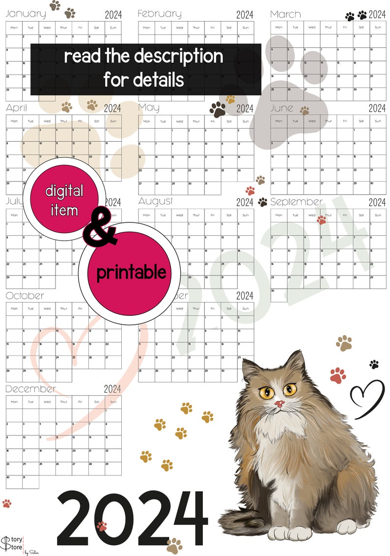 Digital Printable Yearly 2024 Calendar Cat Calendar Etsy
