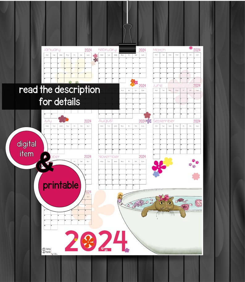 2024 Digital Printable Yearly 2024 Calendar,illustrated Cute Cat