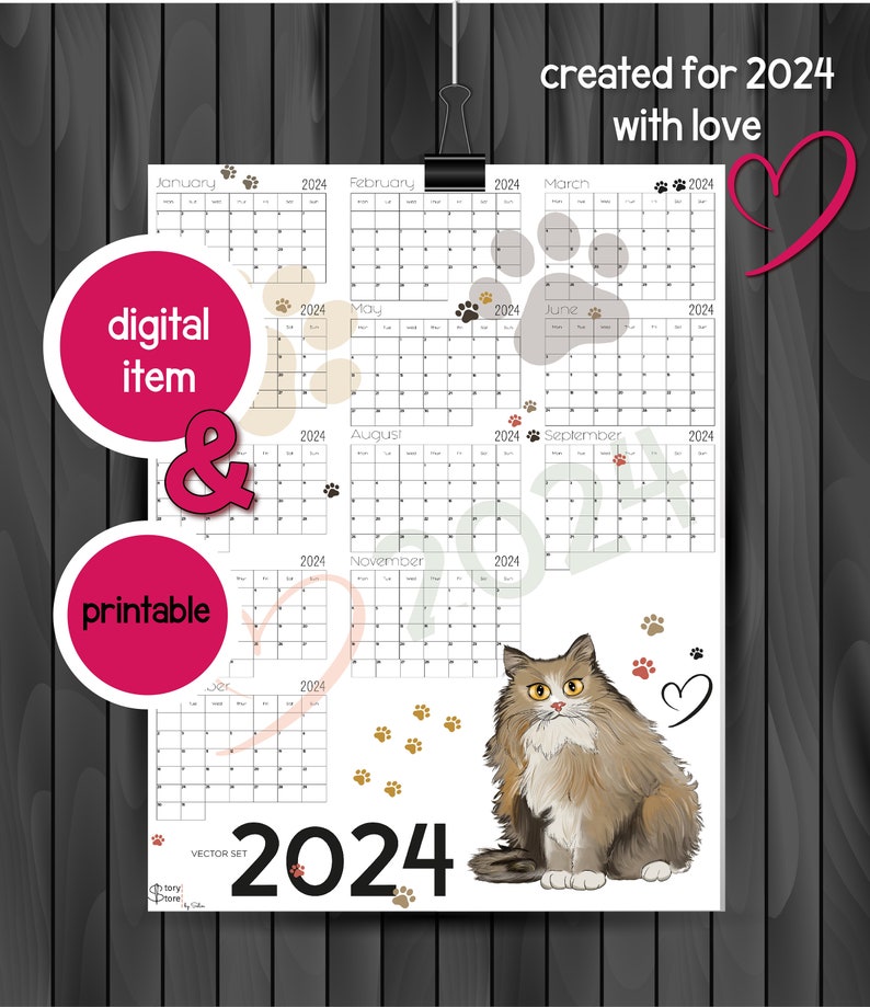 Digital Printable Yearly 2024 Calendar Cat Calendar Etsy