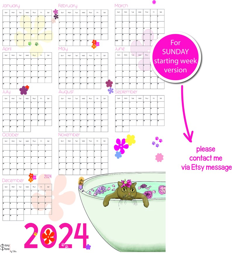 2024 Digital Printable Yearly 2024 Calendar,illustrated Cute Cat