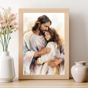 Jesus Christ Embracing Girl Watercolor Painting - Christian Art (Digital Download)