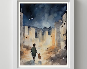 Bethlehem Watercolor Painting: Shepherd Boy Finding Jesus - Christmas Wall Art (Digital Download)