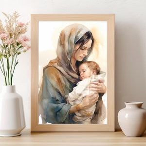 Mary and Baby Jesus Watercolor Painting: Christmas Bible Wall Art (Digital Download)