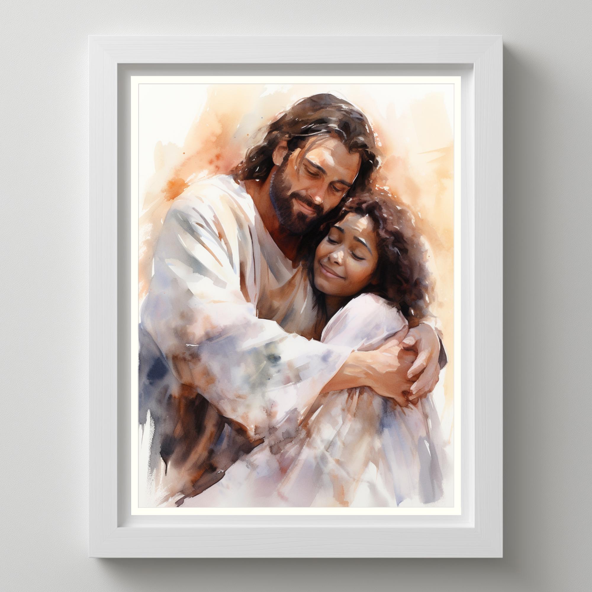 Jesus Christ Hugging African Woman Watercolor Print (digital