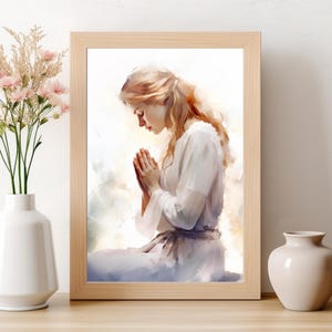 Woman Praying Watercolor Art Print: Modern Christian Artwork (Digital Download)