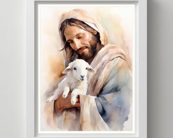 Jesus Christ with a Lamb Watercolor Art: Christian Holy Week (Digital Download)
