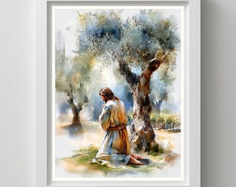 Jesus im Garten Gethsemane: Christlicher Aquarell Kunstdruck (Digitaler Download)