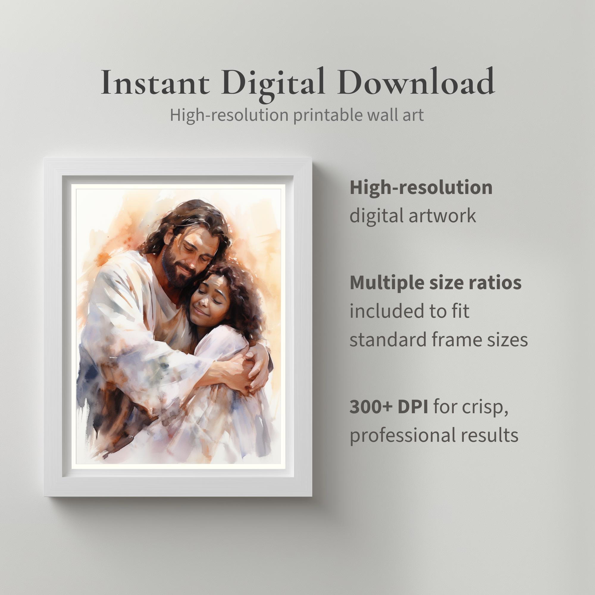 Jesus Christ Hugging African Woman Watercolor Print (digital