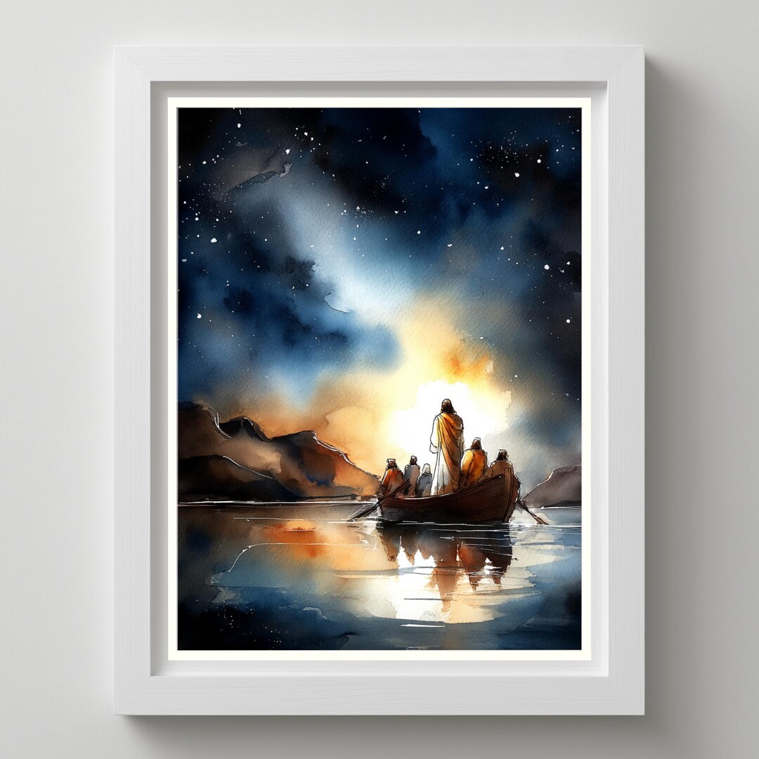 Jesus and Disciples in Boat Watercolor Art: Biblical Sea of Galilee ...