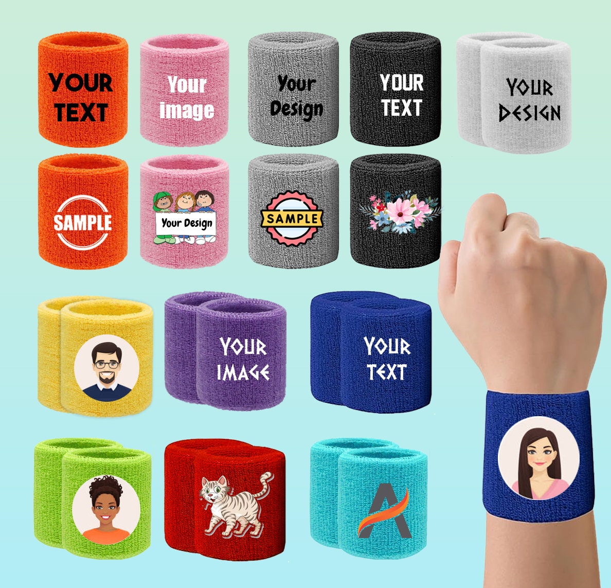 Custom Sweat Wristbands, Your Text, Image, Design and Logo Printed (DTF) Wristbands ( A pair of 2 each)