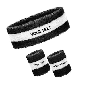 May include: Black and white striped headband with the text "YOUR TEXT" and two matching wristbands with the text "YOUR TEXT" and "YOUR DESIGN".