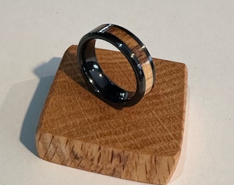 Wood Inlay Ceramic Ring: Black Ceramic Ring with Zebra Wood Inlay (Ring Size 6.5)