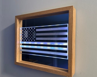 American Flag Etched Mirror: Solid Oak Frame with 16 Color LED Options- US Declaration Engraved behind Flag Wired and Wireless Options