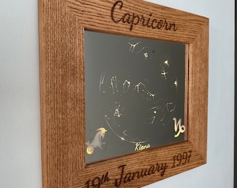 Star Map Etched Mirror with LEDs for Custom Date: Solid Oak Wood Frame Custom Engraved with choice of Zodiac, Date, Locations and Names