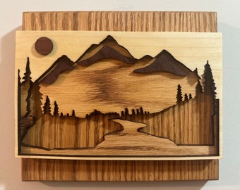 Wall Art: Hiking and Mountain Views - Wood 3D Art (Layered Oak, Poplar, Bloodwood and Purpleheart Wood) Mounted on Oak
