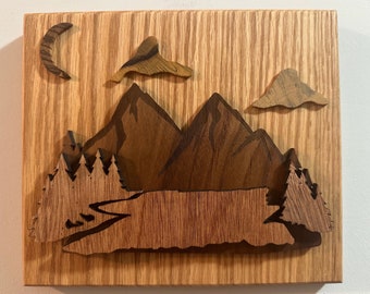 Wall Art: Hiking and Mountain Views - Wood 3D Art (Layered Walnut, Mahogany, Zebra Wood, and Ebony & Ivory Wood) Mounted on Oak