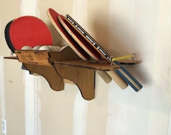 Ping Pong Paddle Holder Wall Mount, Custom Oak Paddle & Ball Rack, Table Tennis Storage Gift