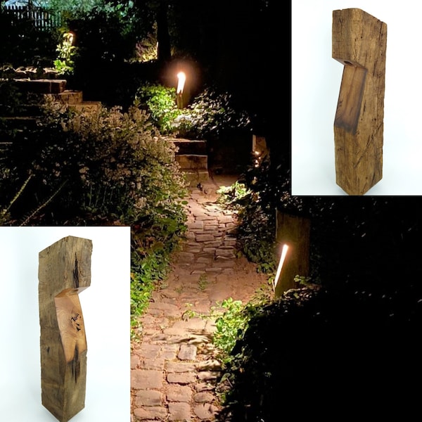 Gartenlampe aus recyceltem Eichenholz LED E27 230V Außenbereich Wegeleuchte Holzbalken Outdoor nachhaltig exklusiv Natur Hof Rustikal schön