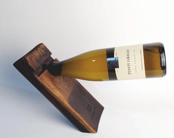 Rustic wine rack made from oak barrel - floating wine holder, handmade - gift for men & wine lovers - wine accessory made from barrel stave