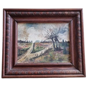 Pintura antigua Paisaje de brezal | Óleo sobre cartón de pintor | En marco de madera