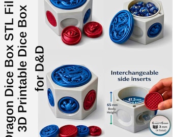 Caja de dados de dragón con archivo STL / Almacenamiento modular de dados de rol con tapa magnética