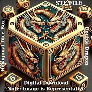 May include: A gold hexagonal dice box with a double dragon design. The box is surrounded by dice with the number 6 on them. The text "STEFILE" and "Double Dragon" are visible on the box. The text "Hexagonal Dice Box" and "Digital Download" are also visible. The text "Note: Image is Representative" is at the bottom of the image.