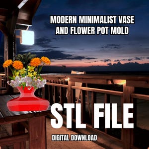 May include: A red vase with a modern minimalist design. The vase is filled with a variety of flowers, including yellow, white, and pink flowers. The vase is sitting on a wooden table with a railing in the background. The text "STL FILE DIGITAL DOWNLOAD" is displayed below the vase.