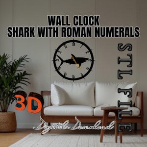 Shark Wall Clock with Roman Numerals for 3D Printing | 3D Wall Clock STL File | 3D Print Model |  Wall Clock for DIY Home Decor