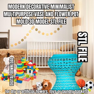 Puede incluir: Un archivo STL de modelo 3D para un jarrón y una maceta multiusos, modernos, decorativos y minimalistas. El jarrón es de color azul claro y tiene un diseño geométrico. El texto "STL FILE" está en la esquina superior derecha de la imagen. El texto "para flores secas o artificiales, juguetes o cestas de la ropa" está en la parte inferior de la imagen.