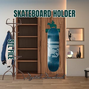 Op de afbeelding: Een 3D-geprinte skateboardhouder met een blauw-wit geruit ontwerp. De houder is gemonteerd op een houten muur en is ontworpen om een skateboard verticaal te houden. De tekst "STL FILE" is zichtbaar aan de linkerkant van de afbeelding. De tekst "SKATEBOARD HOLDER" is zichtbaar bovenaan de afbeelding.