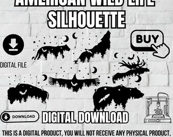 Paquete de siluetas de vida silvestre SVG, PNG, DXF, EPS, STL: archivos de corte de oso, águila, alce, lobo, bisonte, puma, conjunto de bosque rústico con láser Cricut, regalo