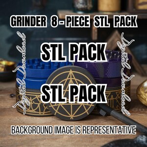 Puede incluir: Un molinillo con un diseño geométrico en oro y negro. El molinillo está hecho de 8 piezas y está etiquetado como "STL PACK".