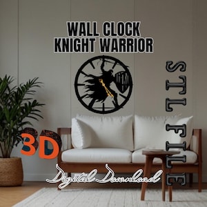 May include: A 3D digital download of a wall clock design featuring a knight warrior silhouette holding a sword and shield. The clock is in a circular shape with Roman numeral markings. The text "WALL CLOCK KNIGHT WARRIOR" is displayed above the clock and "STL FILE" is displayed to the right of the clock.