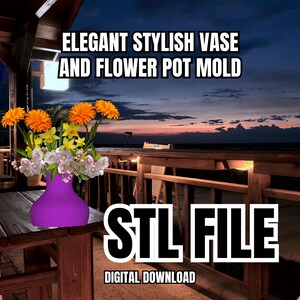 以下が含まれることがあります： 3Dプリント可能な花瓶と植木鉢のモールドのデジタルダウンロード可能なSTLファイルです。画像には、オレンジ、イエロー、ホワイトの開花を含む花束が入ったパープルの花瓶が写っています。テキスト「STL FILE」は大きく太字で、テキスト「DIGITAL DOWNLOAD」はその下にあります。